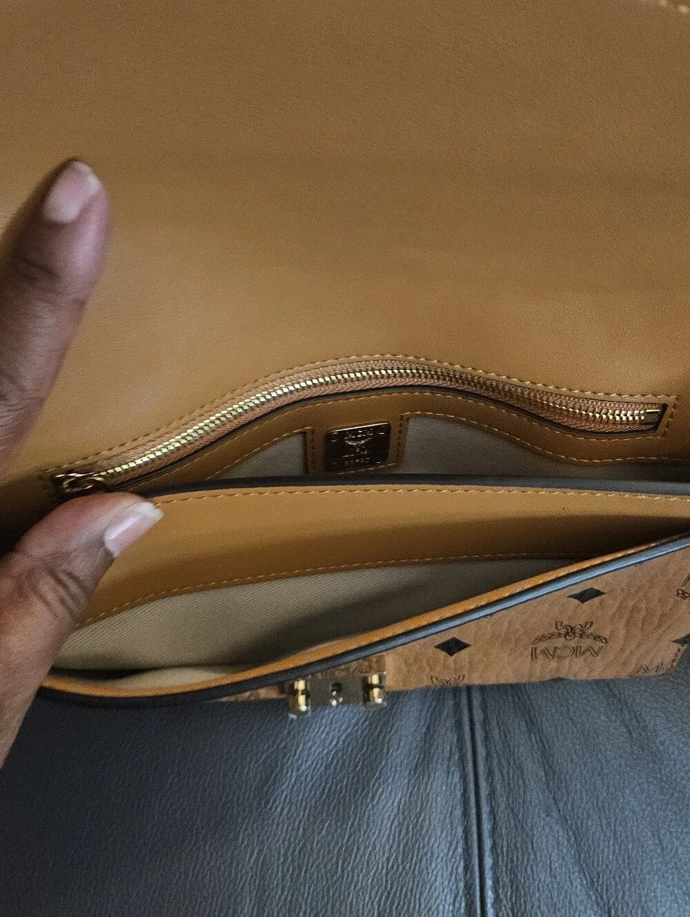 MCM Cognac Visetos Envelope Crossbody with Gold Hardware